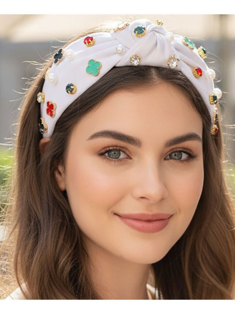 Tigerstars Multi Color Clover Pearly Stone Charm Embellished Knot Wide Headband